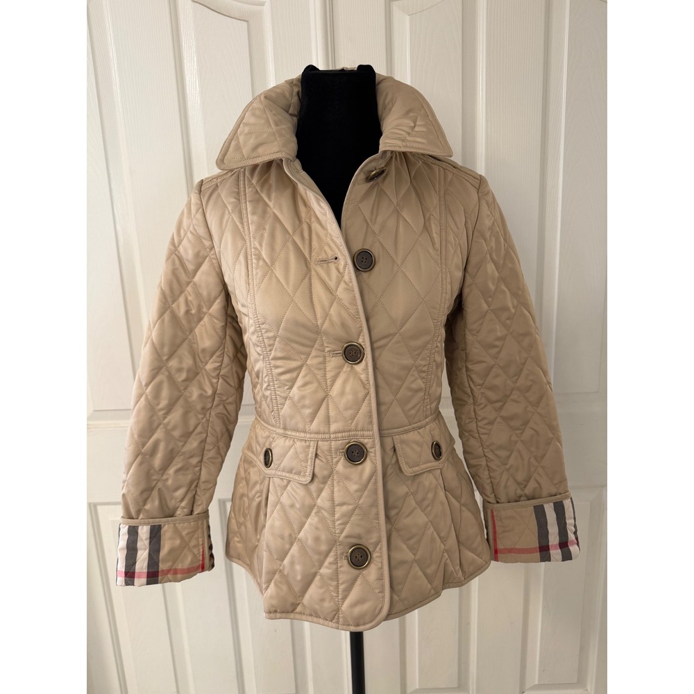 Burberry Quilted Beige Button-Front Jacket with Signature Check Cuff